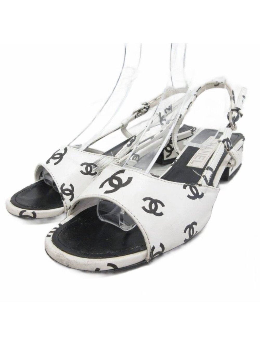 Chanel CC Logo Sandals Slingback Heels Leather 37c White Black